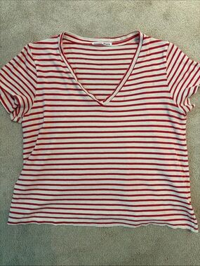 Reformation Red and White Striped V-Neck Tee